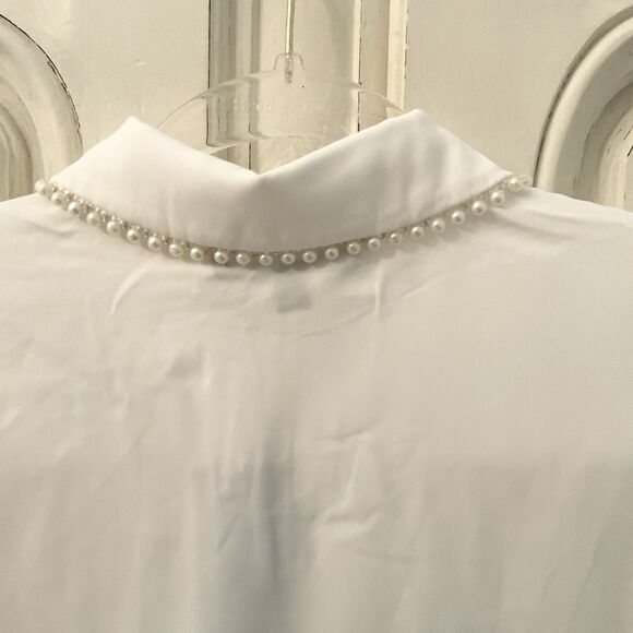 Lulu’s Upscale Composure Blouse Women's S White Pearl Trim Long Sleeve NWT - Picture 11 of 13